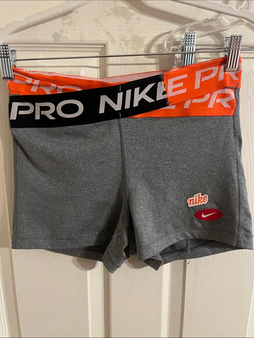 Nike Pro Women's Gray Compression Shorts with Orange and Black Waistband Sz M